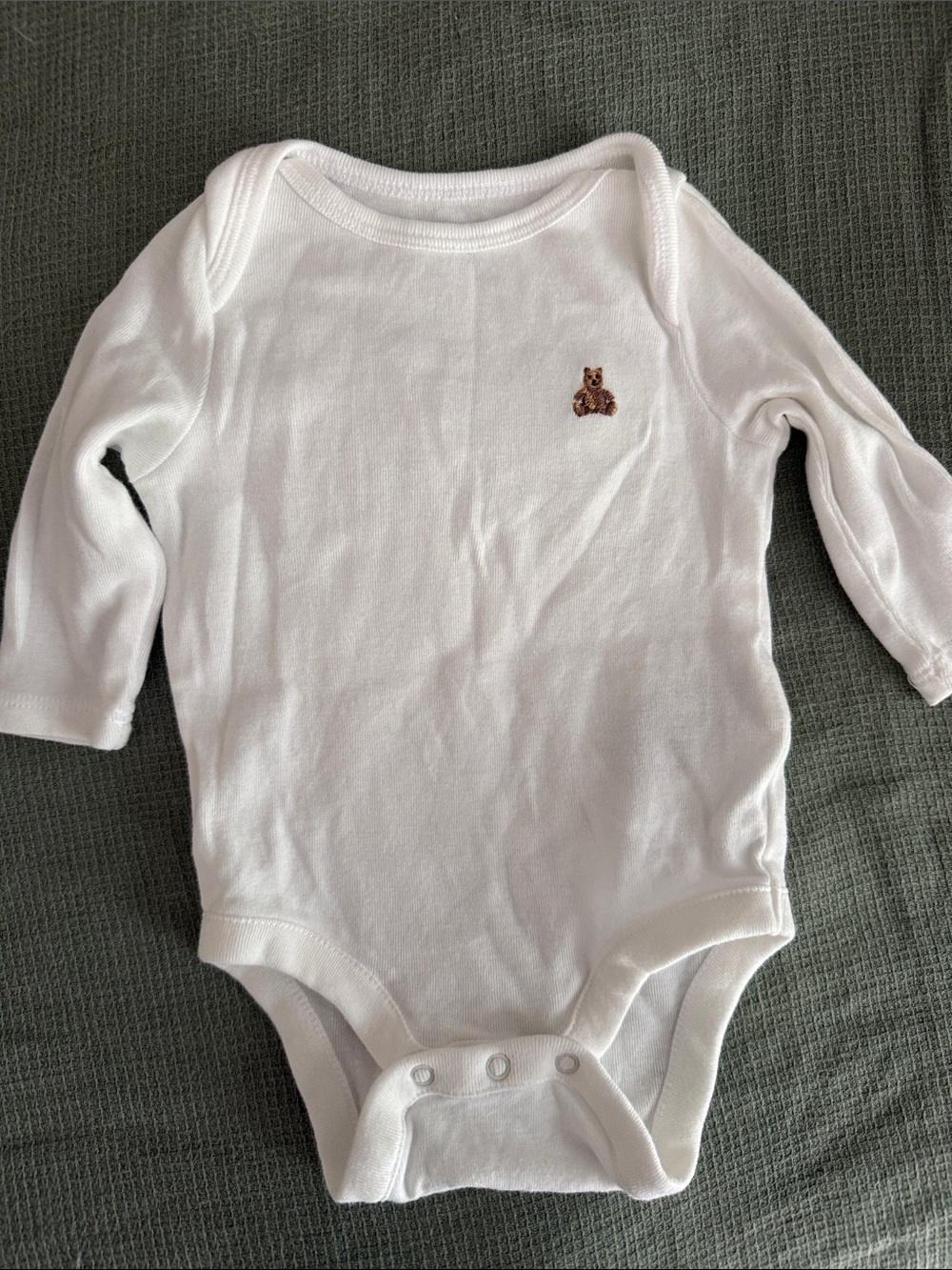 GAP White Long-Sleeve Baby Bodysuit with Tiny Bear Embroidery